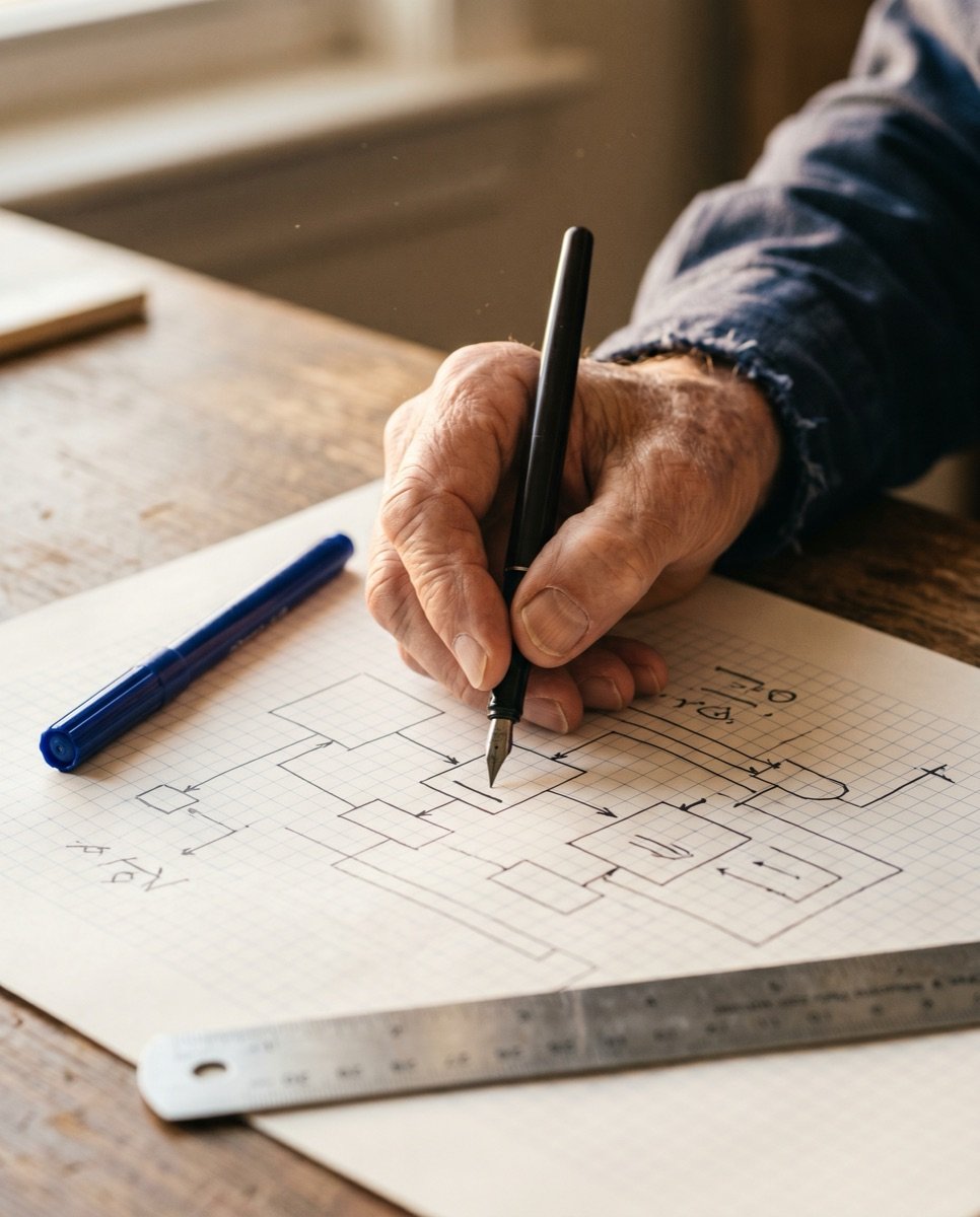 Hands drafting an architecture diagram in ink on graph paper
