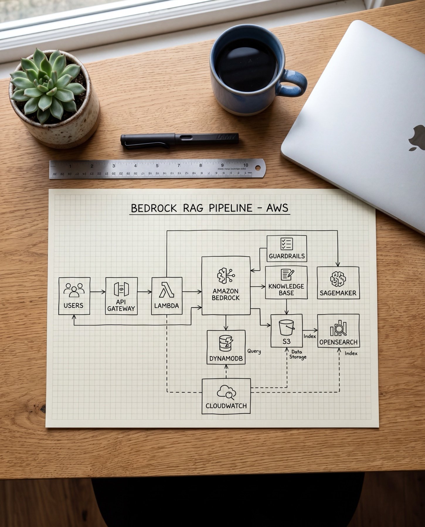 A hand-drawn Amazon Bedrock RAG pipeline on AWS: Users to API Gateway to Lambda to Amazon Bedrock, with Guardrails, a Knowledge Base, SageMaker, OpenSearch, S3, DynamoDB, and CloudWatch