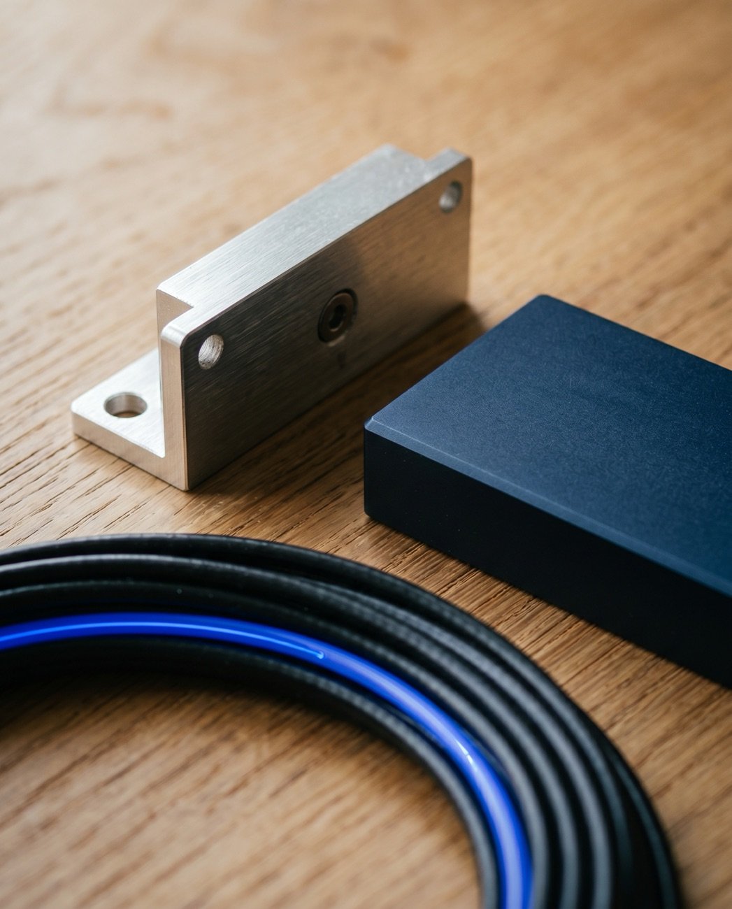 Machined components and cabling on warm oak with a blue fiber strand
