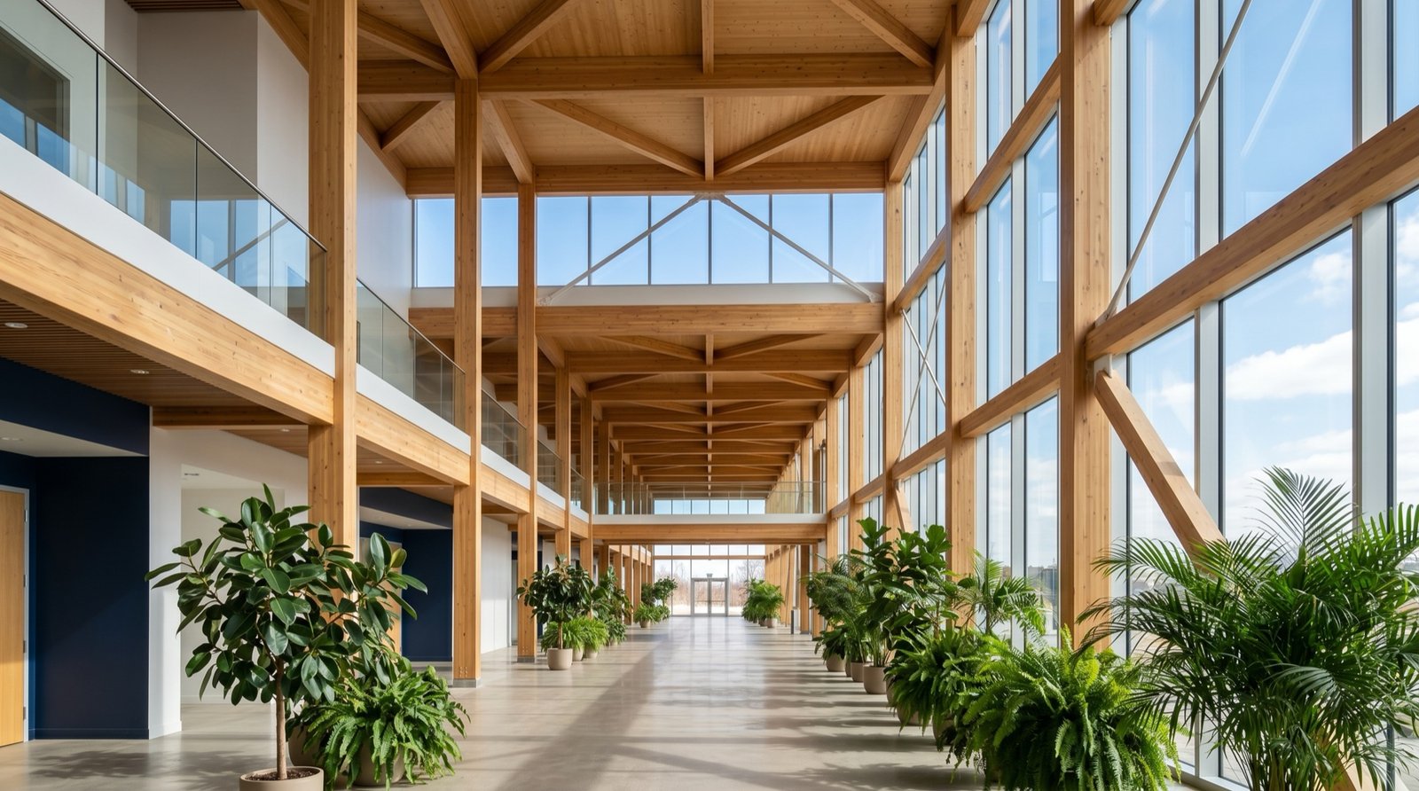 A warm timber-and-glass gallery filled with daylight