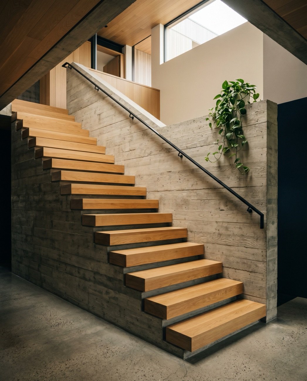 A warm cantilevered oak staircase rising toward daylight