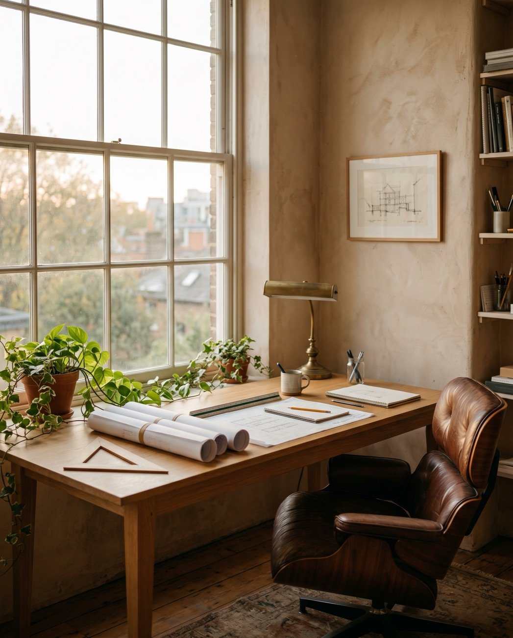 A warm architect's workspace by a window in morning light